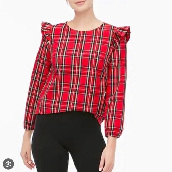 J. Crew Red Tartan Plaid Ruffle-Trim Woven Top Christmas Party Preppy Size Large - Picture 1 of 5
